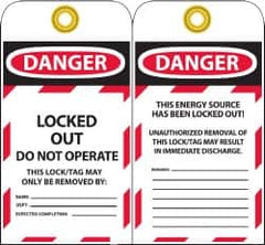 NMC - 3" High x 6" Long, DANGER - LOCKED OUT - DO NOT OPERATE - THIS LOCK/TAG MAY ONLY BE REMOVED BY:, English Safety & Facility Lockout Tag - Tag Header: Danger, 2 Sides, Black, Red & White Unrippable Vinyl - Americas Industrial Supply