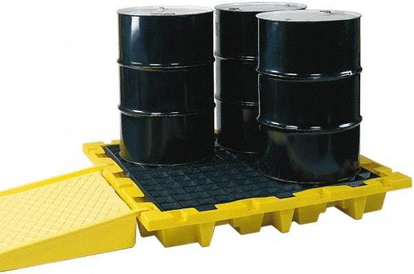 Eagle - 66 Gal Sump, 6,000 Lb Capacity, 4 Drum, Polyethylene Spill Deck or Pallet - 58-1/2" Long x 58-1/2" Wide x 13.43" High, Yellow, Liftable Fork, Drain Included, Low Profile, Vertical, 2 x 2 Drum Configuration - Americas Industrial Supply