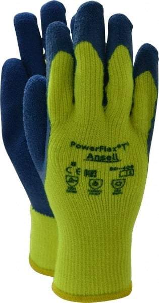 Ansell - Size M (8) Rubber Coated Thermal Terry Cold Protection Work Gloves - For General Purpose, Palm & Fingers Coated, Knit Wrist Cuff, Full Fingered, Yellow/Blue, Paired - Americas Industrial Supply