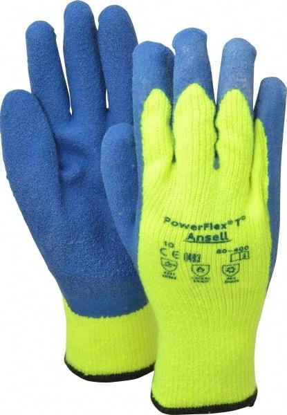 Ansell - Size XL (10) Rubber Coated Thermal Terry Cold Protection Work Gloves - For General Purpose, Palm & Fingers Coated, Knit Wrist Cuff, Full Fingered, Yellow/Blue, Paired - Americas Industrial Supply
