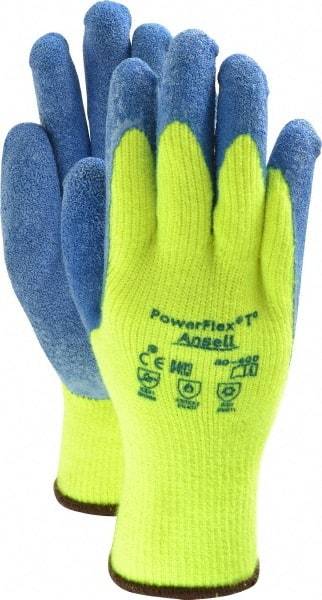 Ansell - Size L (9) Rubber Coated Thermal Terry Cold Protection Work Gloves - For General Purpose, Palm & Fingers Coated, Knit Wrist Cuff, Full Fingered, Yellow/Blue, Paired - Americas Industrial Supply