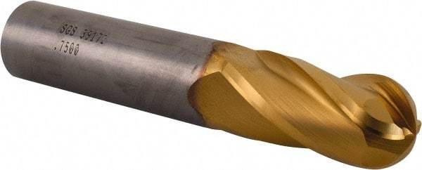 SGS - 3/4" Diam, 1-1/2" LOC, 4 Flute Solid Carbide Ball End Mill - TiN Finish, Single End, 4" OAL, 3/4" Shank Diam, Spiral Flute - Americas Industrial Supply