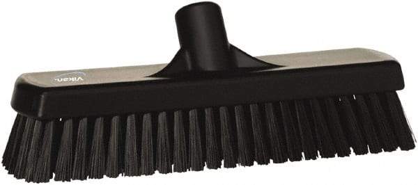 Vikan - 1.7" Bristle Length, Polyester Scrub Brush - 11-1/4" Long x 3" Wide Head, 12" OAL, European Threaded Handle, Black, Polypropylene Block - Americas Industrial Supply