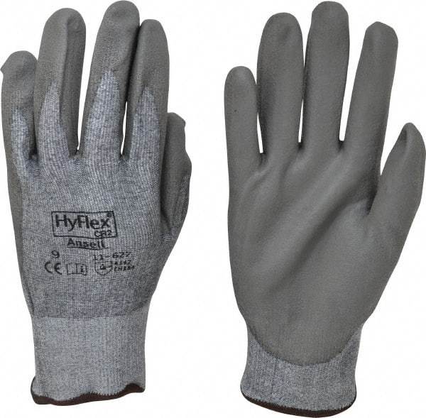 Ansell - Size L (9), ANSI Cut Lvl 2, Abrasion Lvl 6, Polyurethane Coated Cut Resistant Gloves - 10.5" Long, Palm & Fingers Coated, Dyneema/Lycra Lining, Knit Wrist, Gray/Gray, Paired - Americas Industrial Supply