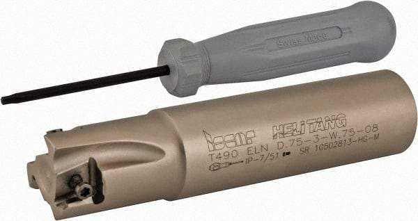 Iscar - 3/4" Cut Diam, 0.315" Max Depth of Cut, 3/4" Shank Diam, 3.38" OAL, Indexable Square Shoulder Helical End Mill - T490 LN.T 0804 Inserts, Weldon Shank, 90° Lead Angle, Series Helitang - Americas Industrial Supply