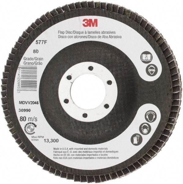 3M - 80 Grit, 4-1/2" Disc Diam, 7/8" Center Hole, Type 29 Zirconia Alumina Flap Disc - 13,300 Max RPM, Cloth Backing, Arbor Attaching System, Coated - Americas Industrial Supply
