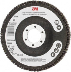 3M - 80 Grit, 4-1/2" Disc Diam, 7/8" Center Hole, Type 29 Zirconia Alumina Flap Disc - 13,300 Max RPM, Cloth Backing, Arbor Attaching System, Coated - Americas Industrial Supply