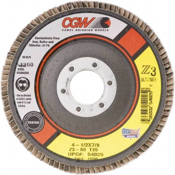 Camel Grinding Wheels - 60 Grit, 4-1/2" Disc Diam, 7/8" Center Hole, Type 29 Zirconia Alumina Flap Disc - 13,300 Max RPM, Poly Cotton Backing, Arbor Attaching System, Coated - Americas Industrial Supply