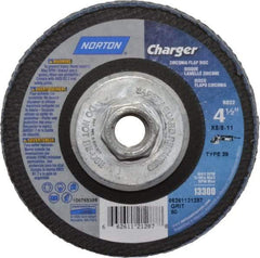 Norton - 80 Grit, 4-1/2" Disc Diam, 5/8-11 Center Hole, Type 29 Zirconia Alumina Flap Disc - 13,000 Max RPM, Fiberglass Backing, Arbor Attaching System, Coated - Americas Industrial Supply