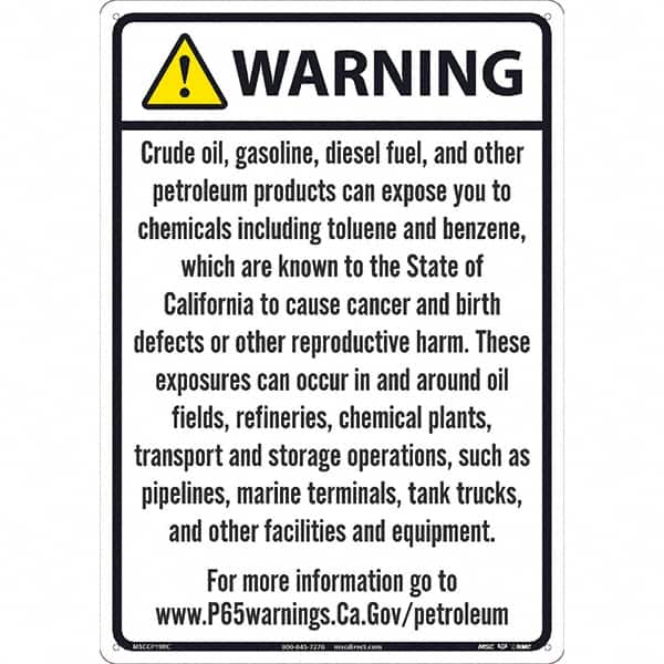 NMC - "WARNING CRUDE OIL, GASOLINE, DIESEL FUEL, AND OTHER PETROLEUM PRODUCTS CAN EXPOSE YOU TO CHEMICALS\x85", 20" Long x 14" Wide, Rigid Plastic Safety Sign - Rectangle, 0.05" Thick, Use for Hazardous Materials - Americas Industrial Supply