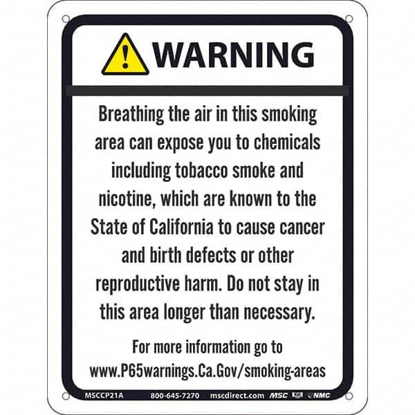 NMC - "WARNING BREATHING THE AIR IN THIS SMOKING AREA CAN EXPOSE YOU TO CHEMICALS\x85", 8-1/2" Long x 11" Wide, Aluminum Safety Sign - Rectangle, 0.04" Thick, Use for Hazardous Materials - Americas Industrial Supply