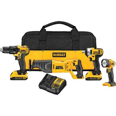 DeWALT - 20 Volt Cordless Tool Combination Kit - Includes 1/2" Drill/Driver, 1/2" Impact Wrench, Reciprocating Saw & Handheld Light, Lithium-Ion Battery Included - Americas Industrial Supply