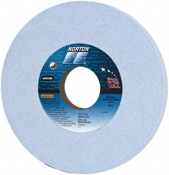 Norton - 12" Diam x 3" Hole x 1" Thick, J Hardness, 60 Grit Surface Grinding Wheel - Ceramic, Type 1, Medium Grade, 2,070 Max RPM, Vitrified Bond, No Recess - Americas Industrial Supply