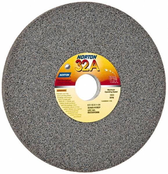 Norton - 8" Diam x 1-1/4" Hole x 1/2" Thick, H Hardness, 60 Grit Surface Grinding Wheel - Aluminum Oxide, Type 1, Medium Grade, 3,600 Max RPM, Vitrified Bond, No Recess - Americas Industrial Supply