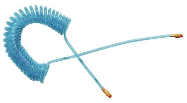 Coilhose Pneumatics - 1/4" ID, 1/4 Thread, 10' Long, Transparent Blue Polyurethane Coiled & Self Storing Hose - 125 Max psi, Male Swivel x Male Swivel - Americas Industrial Supply
