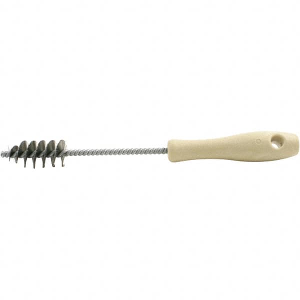 Brush Research Mfg. - 0.975" Diam Helical Stainless Steel Tube Brush - Single Spiral, 0.006" Filament Diam, 2" Brush Length, 10-1/2" OAL, 0.245" Diam Plastic Handle Shank - Americas Industrial Supply