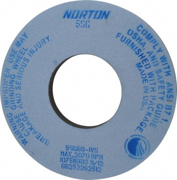 Norton - 12" Diam x 5" Hole x 1" Thick, J Hardness, 60 Grit Surface Grinding Wheel - Ceramic, Type 1, Medium Grade, 2,070 Max RPM, Vitrified Bond, No Recess - Americas Industrial Supply