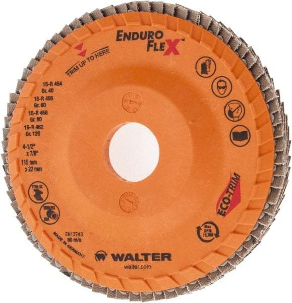 WALTER Surface Technologies - 40 Grit, 4-1/2" Disc Diam, 7/8" Center Hole, Zirconia Alumina Flap Disc - 13,300 Max RPM, Plastic Backing, Arbor Attaching System, Coated - Americas Industrial Supply