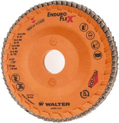 WALTER Surface Technologies - 40 Grit, 4-1/2" Disc Diam, 7/8" Center Hole, Zirconia Alumina Flap Disc - 13,300 Max RPM, Plastic Backing, Arbor Attaching System, Coated - Americas Industrial Supply