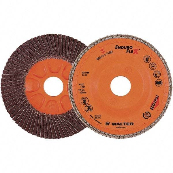 WALTER Surface Technologies - 80 Grit, 4-1/2" Disc Diam, 7/8" Center Hole, Zirconia Alumina Flap Disc - 13,300 Max RPM, Plastic Backing, Arbor Attaching System, Coated - Americas Industrial Supply