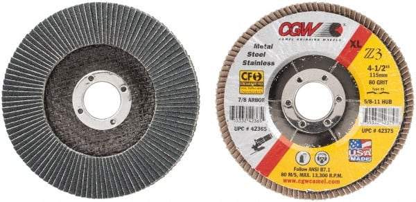 Camel Grinding Wheels - 80 Grit, 4-1/2" Disc Diam, 7/8" Center Hole, Type 29 Zirconia Alumina Flap Disc - 13,300 Max RPM, Poly Cotton Backing, Arbor Attaching System, Coated - Americas Industrial Supply