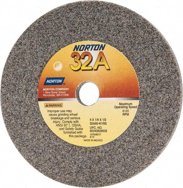 Norton - 60 Grit Aluminum Oxide Type 1 Internal Grinding Wheel - 4" Diam x 1/2" Hole x 1/4" Thick, 8,120 Max RPM, Type 1 Medium Grade, K Hardness, Vitrified Bond - Americas Industrial Supply
