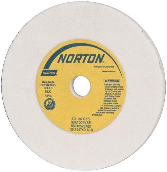 Norton - 100 Grit Aluminum Oxide Type 1 Internal Grinding Wheel - 4" Diam x 1/2" Hole x 1/4" Thick, 8,120 Max RPM, Type 1 Fine Grade, I Hardness, Vitrified Bond, No Recess - Americas Industrial Supply