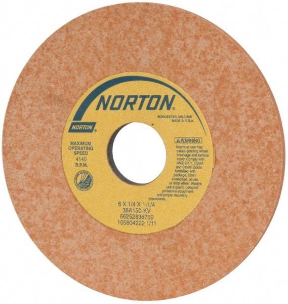Norton - 6" Diam x 1-1/4" Hole x 1/4" Thick, K Hardness, 150 Grit Surface Grinding Wheel - Aluminum Oxide, Type 1, Very Fine Grade, 4,140 Max RPM, Vitrified Bond, No Recess - Americas Industrial Supply