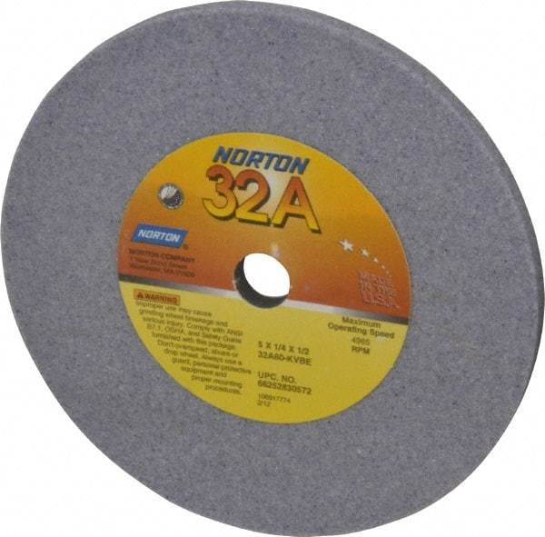 Norton - 60 Grit Aluminum Oxide Type 1 Internal Grinding Wheel - 5" Diam x 1/2" Hole x 1/4" Thick, 4965 Max RPM, Type 1 Medium Grade, K Hardness, Vitrified Bond, No Recess - Americas Industrial Supply