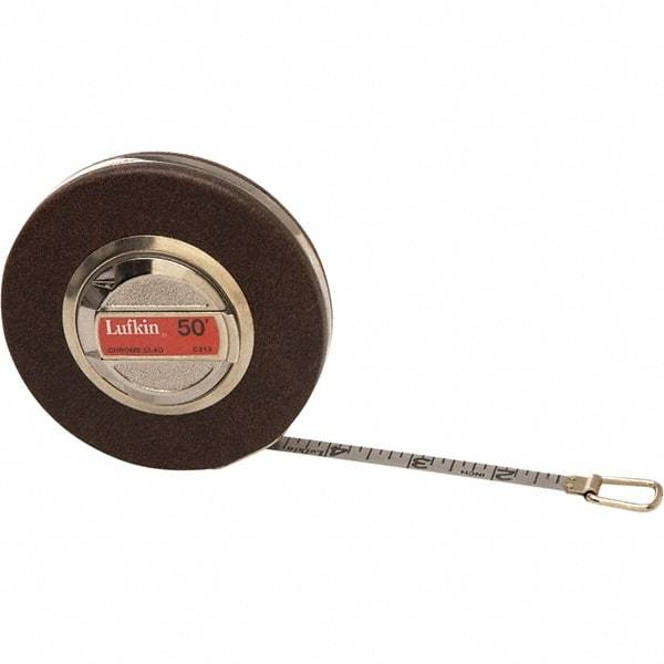 Lufkin - 50' x 3/8" White Steel Blade Tape Measure - 1/10 & 1/100" Graduation, Inch Graduation Style, Brown Vinyl Clad Steel Case - Americas Industrial Supply