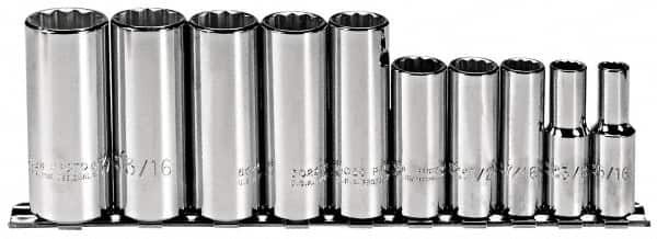 Proto - 10 Piece 3/8" Drive Deep Well Socket Set - 12 Points, 5/16" to 7/8" Range, Inch Measurement Standard - Americas Industrial Supply