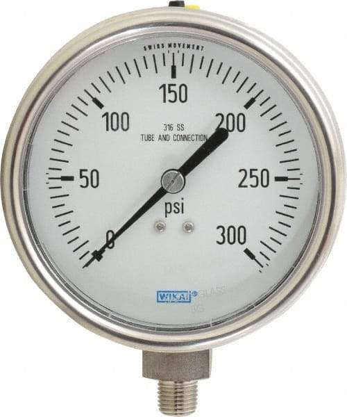 Wika - 4" Dial, 1/4 Thread, 0-300 Scale Range, Pressure Gauge - Lower Connection Mount, Accurate to 1% of Scale - Americas Industrial Supply