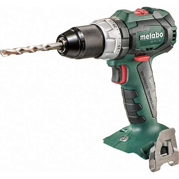 Metabo - 18 Volt 1/16 to 1/2" Keyless Chuck Cordless Hammer Drill - 31950 BPM, 600 to 2,100 RPM, Reversible, Pistol Grip Handle - Americas Industrial Supply