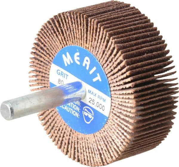 Merit Abrasives - 2" Diam x 3/4" Face Width, Medium Ceramic Alumina Coated Mounted Flap Wheel - 1/4" Shank Mount, 80 Grit, Cloth Backing, 25,000 Max RPM - Americas Industrial Supply