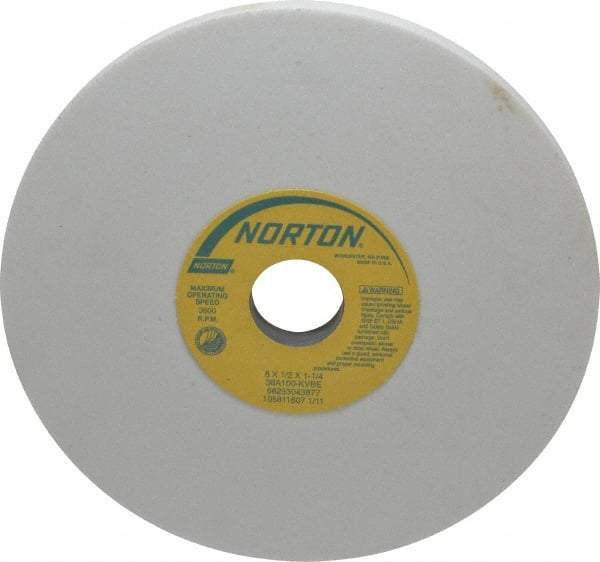 Norton - 8" Diam x 1-1/4" Hole x 1/2" Thick, K Hardness, 100 Grit Surface Grinding Wheel - Aluminum Oxide, Type 1, Fine Grade, 3,600 Max RPM, Vitrified Bond, No Recess - Americas Industrial Supply