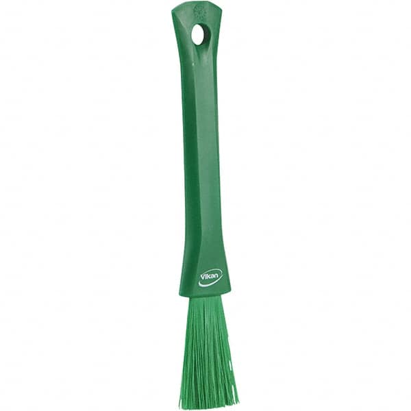 Vikan - 2-1/4" Bristle Length, Polyester Detail Brush - 1-1/4" Long x 0.4" Wide Head, 8.07" OAL, Ergonomic Handle, Green, Polypropylene Block - Americas Industrial Supply