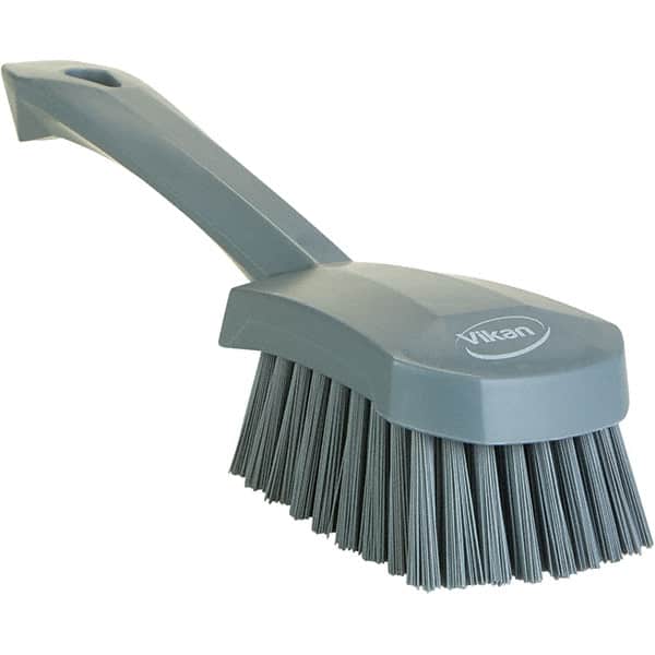 Vikan - 1.3" Bristle Length, Polyester Scrub Brush - 4-1/4" Long x 2-3/4" Wide Head, 10" OAL, Ergonomic Handle, Gray, Polypropylene Block - Americas Industrial Supply