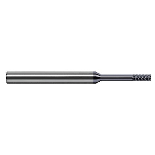 Variable Helix End Mills for Exotic Alloys - Finishers - 0.0150″ (1/64″) Cutter Diameter × 0.0450″ Length of Cut × 0.1250″ (1/8″) Reach Carbide Square End Mill Finisher for Exotic Alloys, 4 Flutes, AlTiN Nano Coated - Exact Industrial Supply