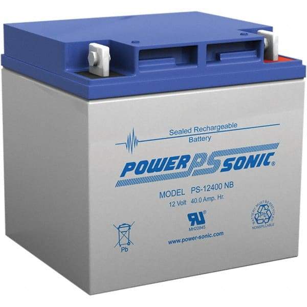 Power-Sonic - Lead-Acid, Nut/Bolt Terminal, 12 Volt, 40 Amp, Lead Rechargeable Battery - 7.5mm Hole Diam, 6mm Tab Thickness, 6-1/2" Wide x 6.69" High x 7.76" Deep - Americas Industrial Supply