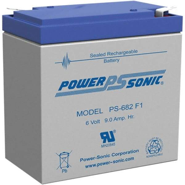 Power-Sonic - Lead-Acid, Quick-Disconnect Tab Terminal, 6 Volt, 9 Amp, Lead Rechargeable Battery - 3/16" Tab Width x 0.8mm Tab Thickness, 2.2" Wide x 4.65" High x 3.86" Deep - Americas Industrial Supply