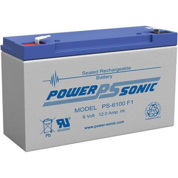 Power-Sonic - Lead-Acid, Quick-Disconnect Tab Terminal, 6 Volt, 12 Amp, Lead Rechargeable Battery - 1/4" Tab Width x 0.8mm Tab Thickness, 2" Wide x 3.7" High x 5.95" Deep - Americas Industrial Supply