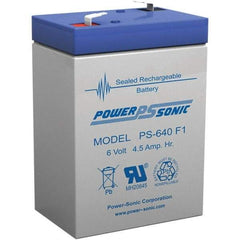 Power-Sonic - Lead-Acid, Quick-Disconnect Tab Terminal, 6 Volt, 4.5 Amp, Lead Rechargeable Battery - 3/16" Tab Width x 0.8mm Tab Thickness, 1.86" Wide x 3.94" High x 2.76" Deep - Americas Industrial Supply