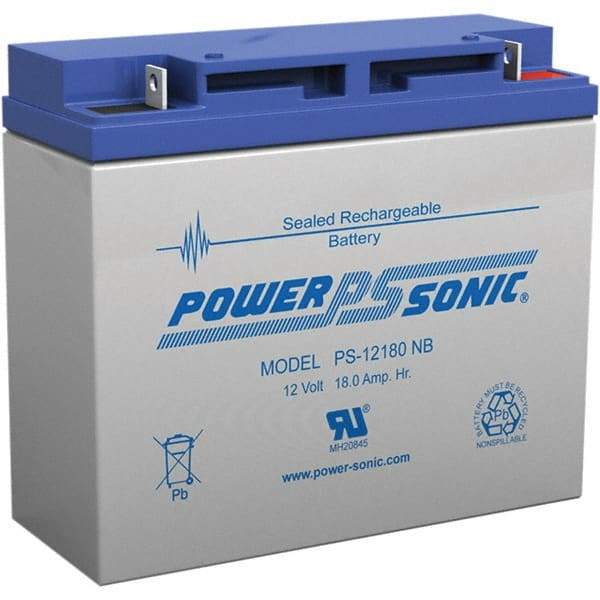 Power-Sonic - Lead-Acid, Nut/Bolt Terminal, 12 Volt, 18 Amp, Lead Rechargeable Battery - 5mm Hole Diam, 2mm Tab Thickness, 3" Wide x 6.59" High x 7.13" Deep - Americas Industrial Supply