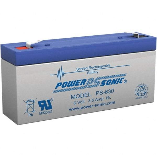 Power-Sonic - Lead-Acid, Quick-Disconnect Tab Terminal, 6 Volt, 3.5 Amp, Lead Rechargeable Battery - 3/16" Tab Width x 0.8mm Tab Thickness, 1.34" Wide x 2.35" High x 5.28" Deep - Americas Industrial Supply