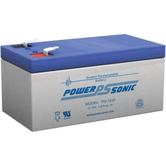 Power-Sonic - Lead-Acid, Quick-Disconnect Tab Terminal, 12 Volt, 3.4 Amp, Lead Rechargeable Battery - 3/16" Tab Width x 0.8mm Tab Thickness, 2.64" Wide x 2.36" High x 5.24" Deep - Americas Industrial Supply