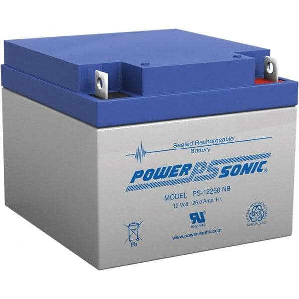Power-Sonic - Lead-Acid, Nut/Bolt Terminal, 12 Volt, 26 Amp, Lead Rechargeable Battery - 5mm Hole Diam, 2mm Tab Thickness, 6.97" Wide x 4.92" High x 6.56" Deep - Americas Industrial Supply