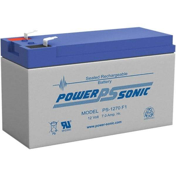 Power-Sonic - Lead-Acid, Quick-Disconnect Tab Terminal, 12 Volt, 7 Amp, Lead Rechargeable Battery - 1/4" Tab Width x 0.8mm Tab Thickness, 2.56" Wide x 3.7" High x 5.95" Deep - Americas Industrial Supply