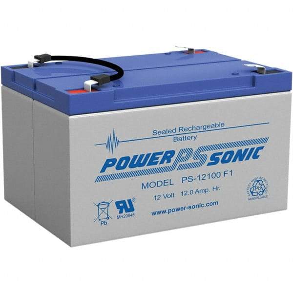 Power-Sonic - Lead-Acid, Quick-Disconnect Tab Terminal, 12 Volt, 12 Amp, Lead Rechargeable Battery - 1/4" Tab Width x 0.8mm Tab Thickness, 4" Wide x 3.7" High x 5.95" Deep - Americas Industrial Supply