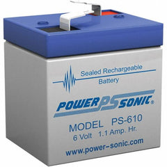 Power-Sonic - Lead-Acid, Quick-Disconnect Tab Terminal, 6 Volt, 1.1 Amp, Lead Rechargeable Battery - 3/16" Tab Width x 0.8mm Tab Thickness, 1.65" Wide x 2" High x 2" Deep - Americas Industrial Supply
