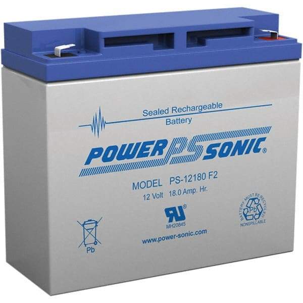 Power-Sonic - Lead-Acid, Quick-Disconnect Tab Terminal, 12 Volt, 18 Amp, Lead Rechargeable Battery - 1/4" Tab Width x 0.8mm Tab Thickness, 3" Wide x 6.59" High x 7.13" Deep - Americas Industrial Supply